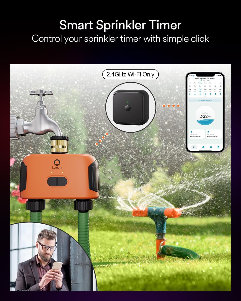 Lumary Smart WiFi Water Timer for Garden Hose, Sprinkler Timer 2 Zone for Watering Brass Inlet Outdoor, Rain Delay/Manual/Automatic Drip Irrigation System Programmable Faucet, Work with Alexa 2.4Ghz