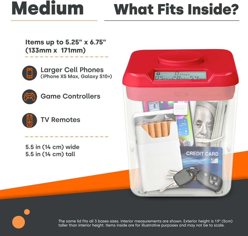 Kitchen Safe Time Locking Container (Medium), Timed Lock Box for Cell Phones, Snacks, and other unwanted temptations (Red Lid + 5.5” White Base)