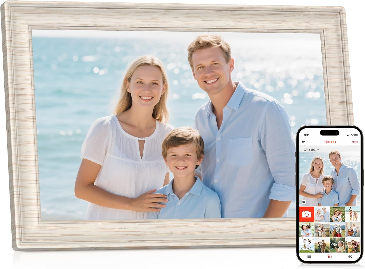 Frameo 10.1" WiFi Digital Picture Frame with 32GB Memory, 1280 x 800 IPS HD Touch Screen Electronic Photo Frame, Auto-Rotate, Slideshow, Share Photos/Video Remotely Anywhere White Wood Grain