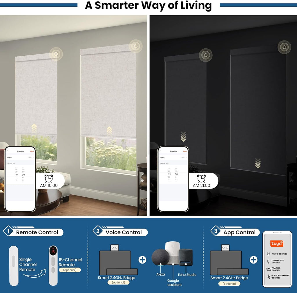 No Drill Motorized Blinds with Remote, Blackout Automatic Blinds with Solar Panel, Cordless Smart Electric Roller Shades for Windows, Beige, 31 x 72