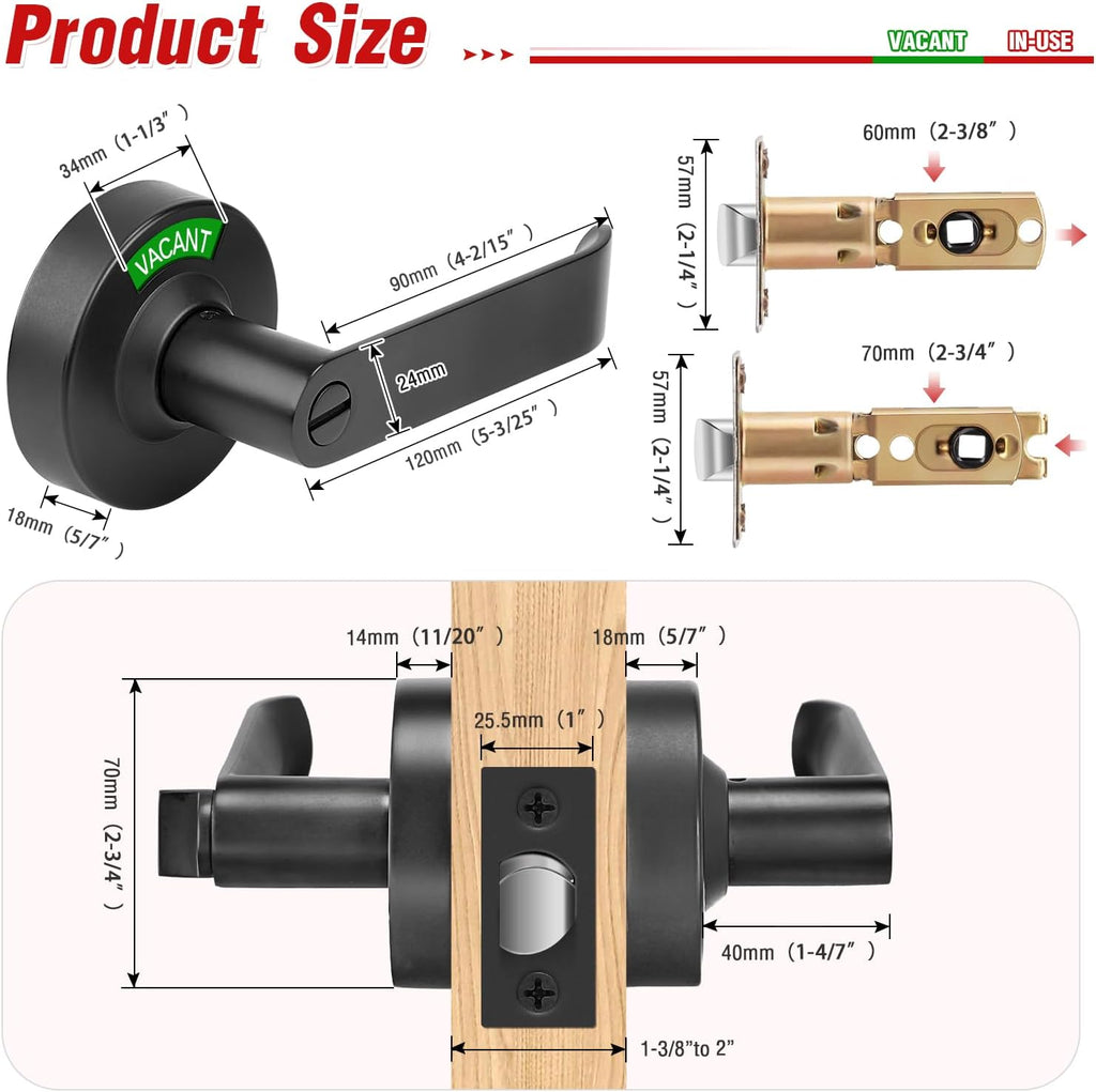 Bathroom Indicator Privacy Door Lock, Vacant Occupied Bathroom Lock, Large Vacant or in-Use Door Handle for All Women Men Restrooms, Ansi Grade 2 Commercial Grade, Black