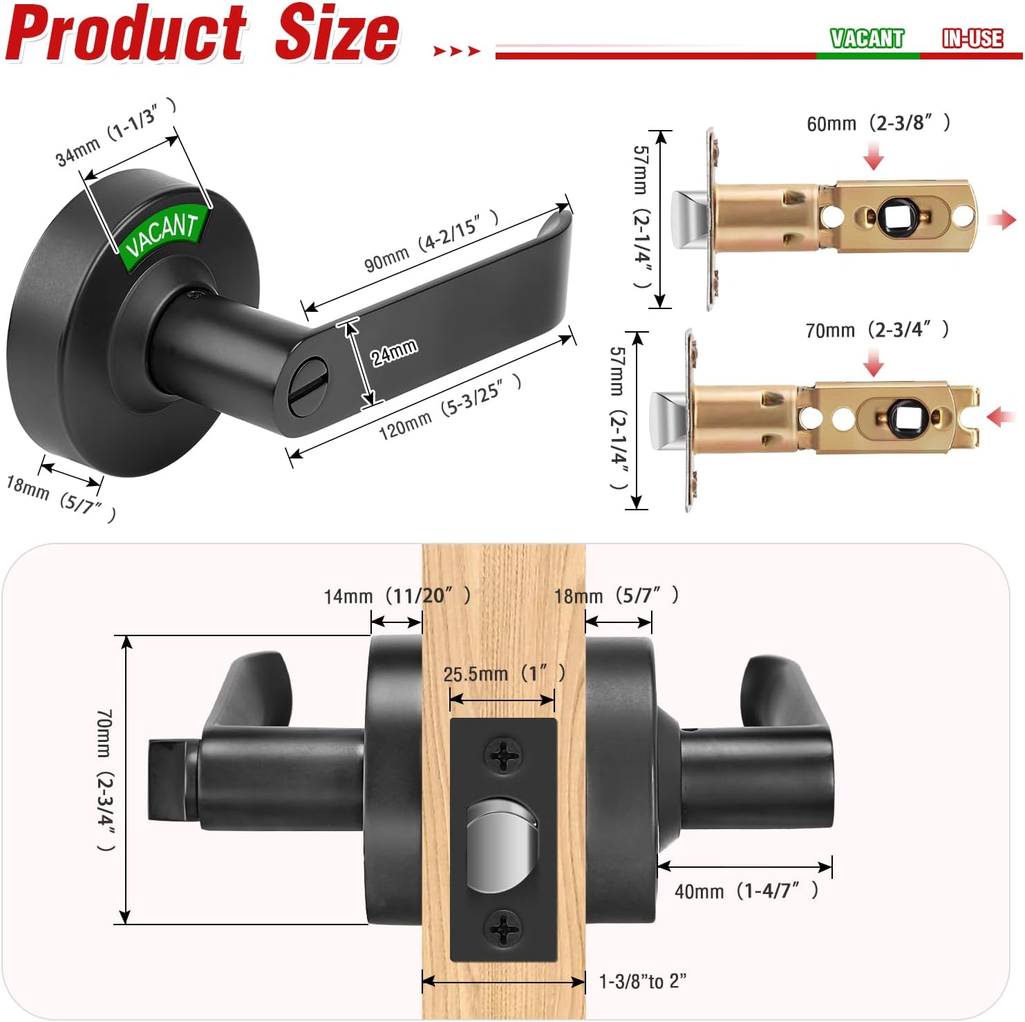 Bathroom Indicator Privacy Door Lock, Vacant Occupied Bathroom Lock, Large Vacant or in-Use Door Handle for All Women Men Restrooms, Ansi Grade 2 Commercial Grade, Black
