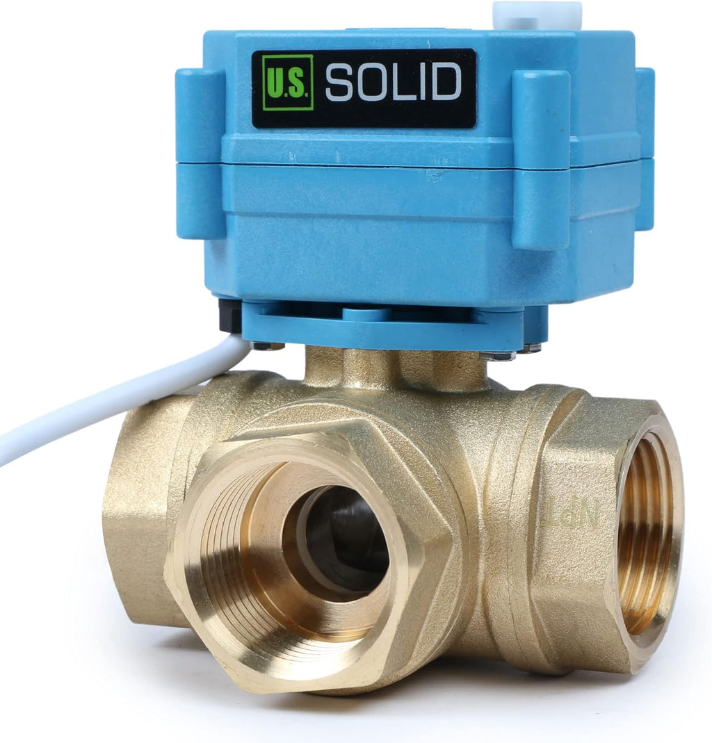 U.S. Solid 1" 3 Way Brass Motorized Ball Valve 110-230VAC, L Type Water Shutoff Valve with Manual Function, Standard Port, NOT for Drinking Water