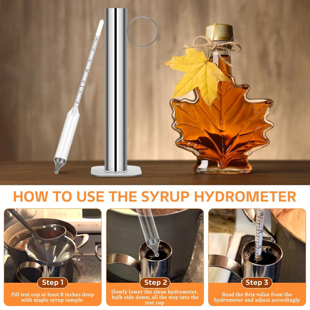 Maple Syrup Hydrometer Test Cup Kit, High Accuracy Hydrometer Maple Syrup Density Kit, Baume and Brix Scale Easy to Read, Stainless Steel Test Cup with Cleaning Brush