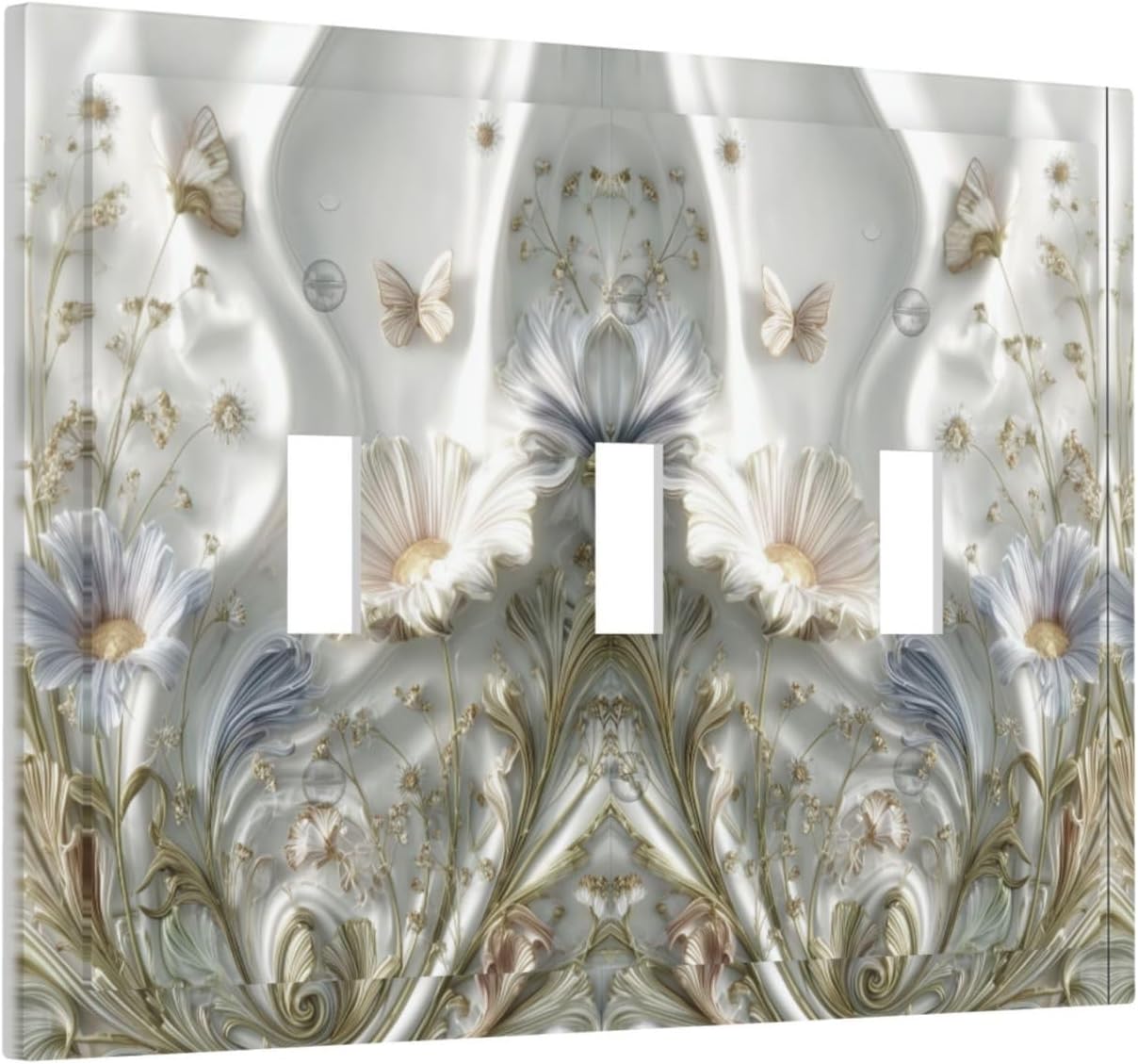 Artistic Flower Floral Plant 3 Gang Triple Toggle Decorative Light Switch Covers Electrical Faceplate Switch Plates for Bathroom Kitchen Home