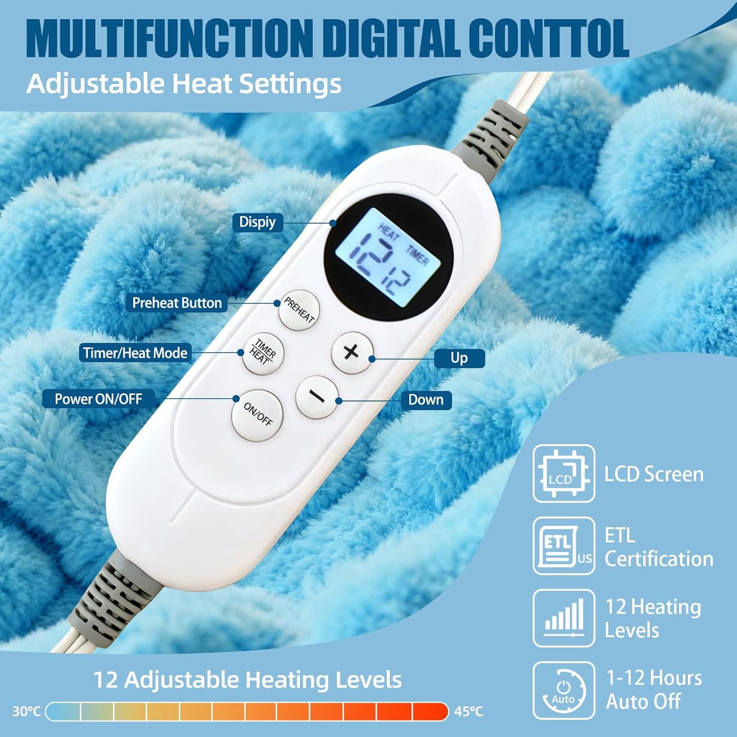 Electric Blanket 50" x 60" Soft Ribbed Faux Fur Flannel Quick Heat 12 Heat Levels 1-12 Hour Timer and Overheat Protection & Auto Shut Off & ETL FCC (Sky Blue, Throw 50" x 60")
