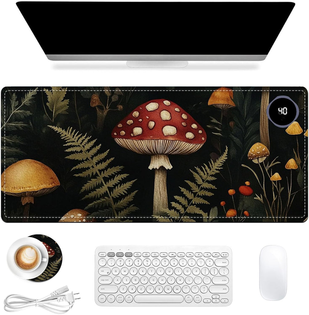 Heated Mouse Pad 31.5x13 in 3-Temp Fast Heating Desk Mat with Auto Timer Warmer for Hands Wrist Pain Relief Waterproof Keyboard Mat for Office, Gaming, Home, Mushroom Forest