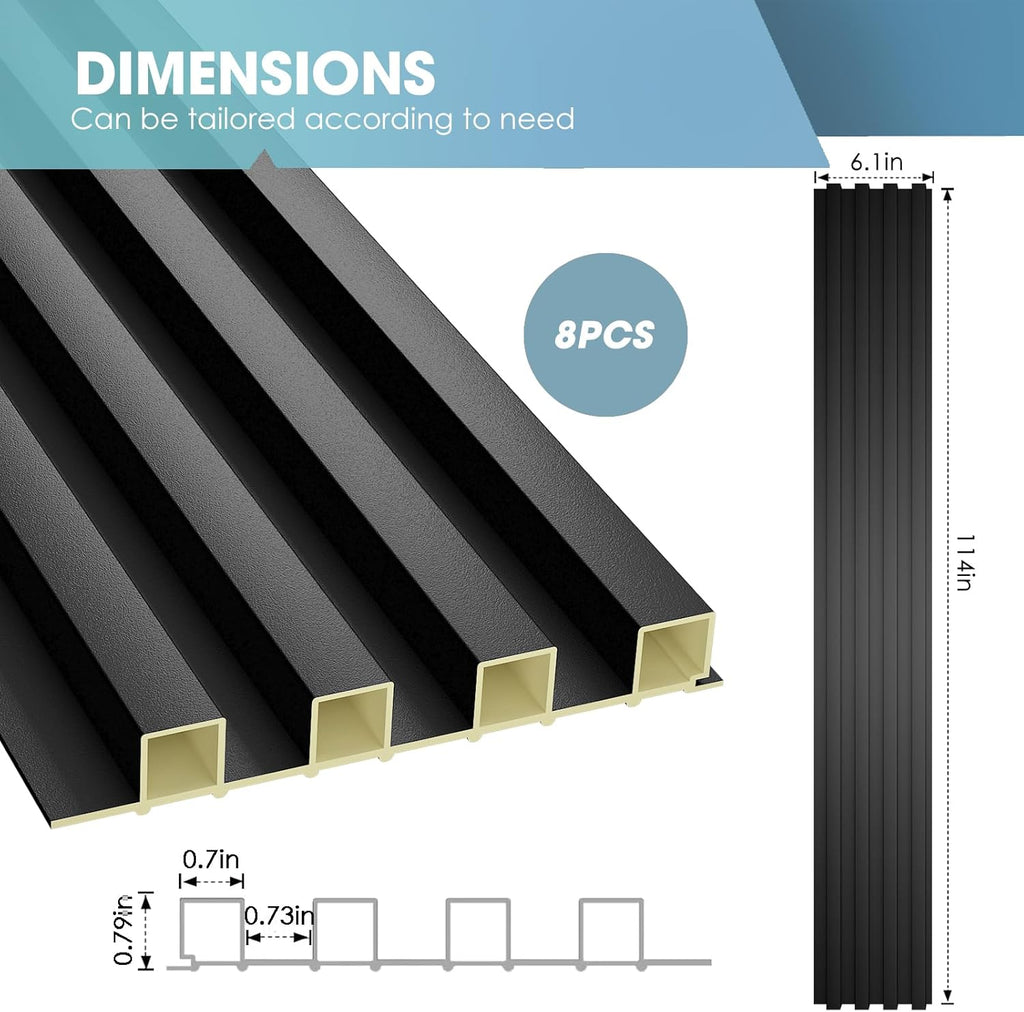 OUZUGIE WPC Acoustic Slat Wall Paneling, 8-Pack 114 x 6 Inches 3D Wall Panels for Interior Wall Decor,Living Room,TV Background,Study Room,Office Spaces,Bedroom,High Grille (Black)