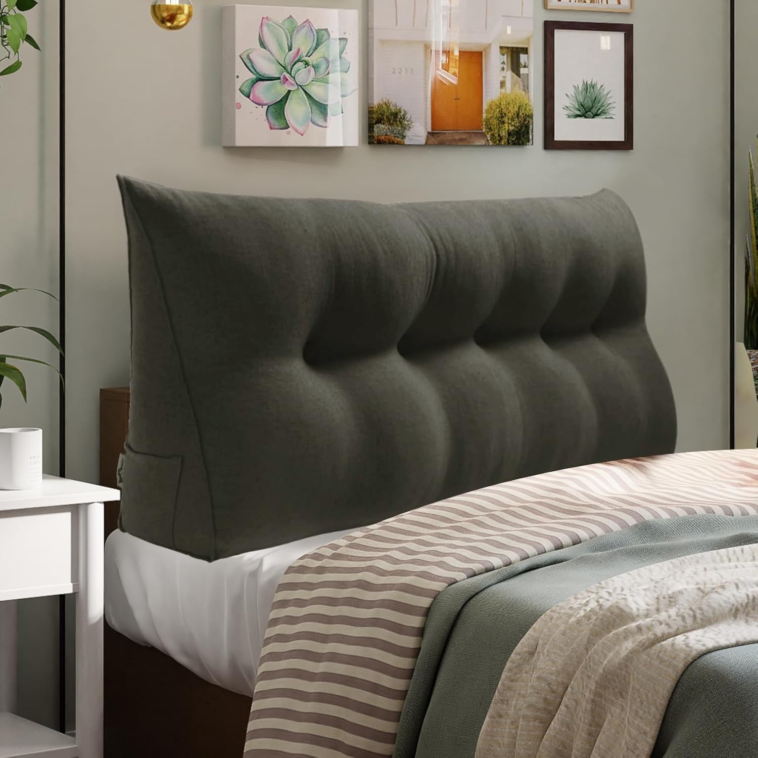 WOWMAX 85% Linen 15% Cotton Blend Headboard Pillow – Queen Size Reading Wedge Backrest for Bed, Handmade Firm Support Bolster Cushion with Removable Cover, Premium Bed Rest Pillow, Deep Gray