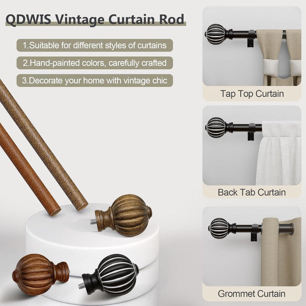 Black Curtain Rods for Windows 66 to 120 Inch, 1'' Adjustable Heavy Duty Curtain Rod，Vintage Decorative Drapery Rods with Pumpkin Finials for Bedroom Living Room
