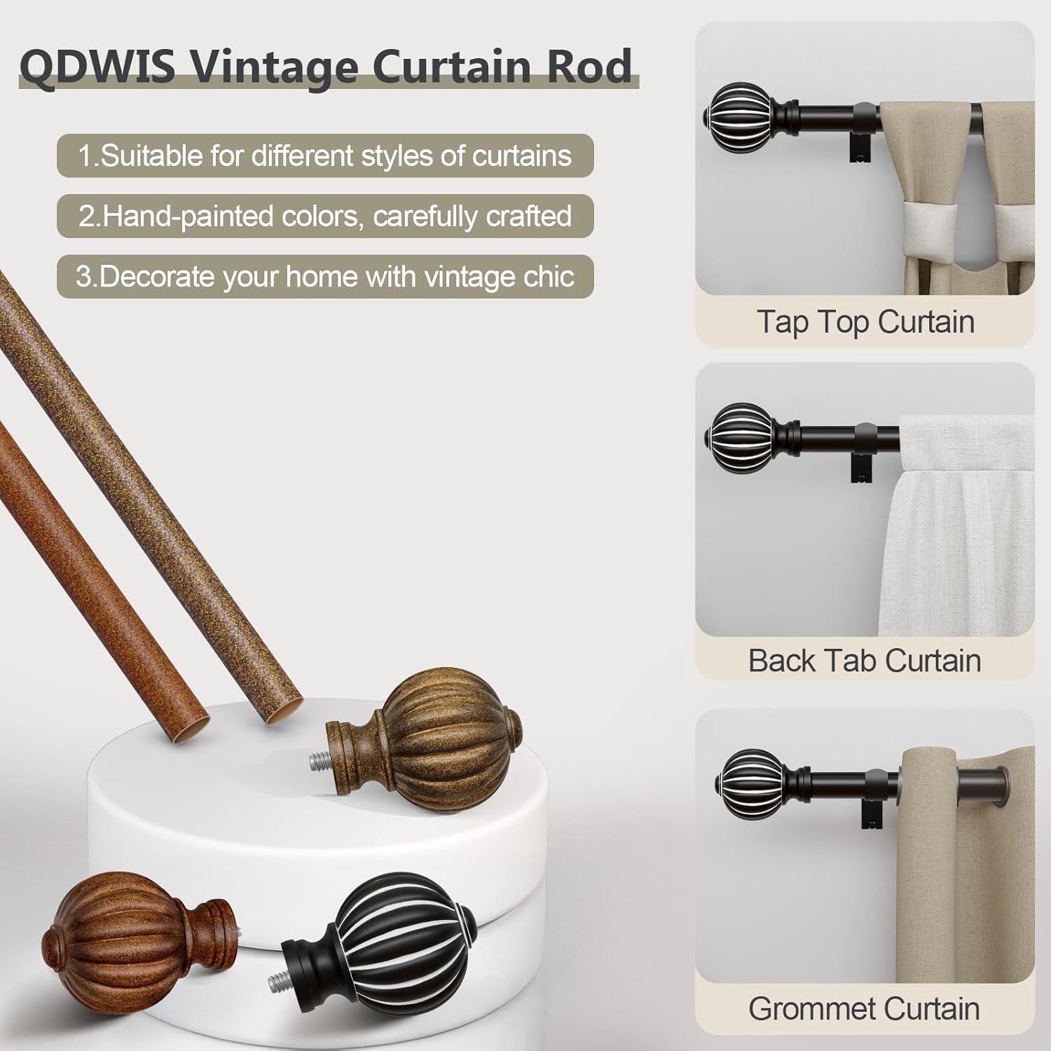 Black Curtain Rods for Windows 66 to 120 Inch, 1'' Adjustable Heavy Duty Curtain Rod，Vintage Decorative Drapery Rods with Pumpkin Finials for Bedroom Living Room