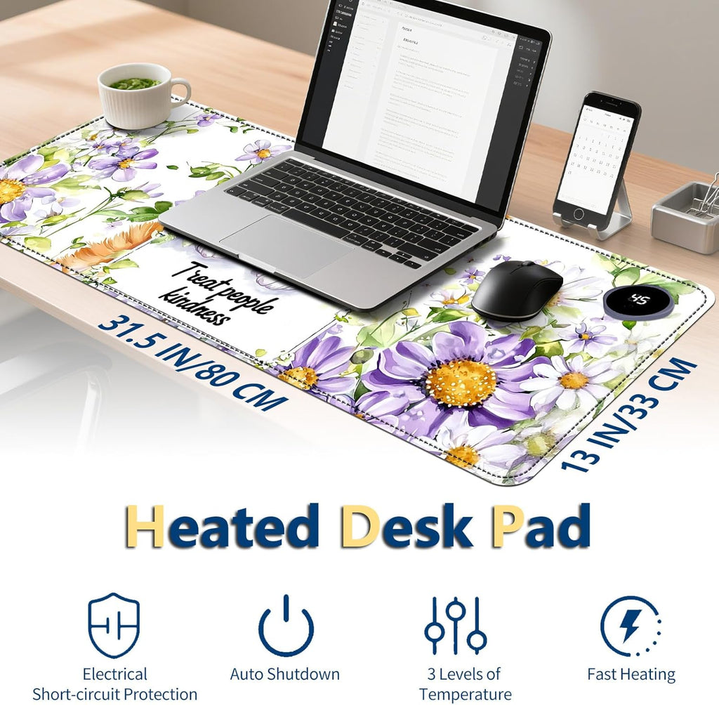 Heated Mouse Pad with 3 Temperature Settings(104°F–122°F),Large 31.5x13 Inch PU Leather Heated Desk Mat,Waterproof Warming Pad for Office,Gaming & Cold Hands Relief,Cute Cat Flower