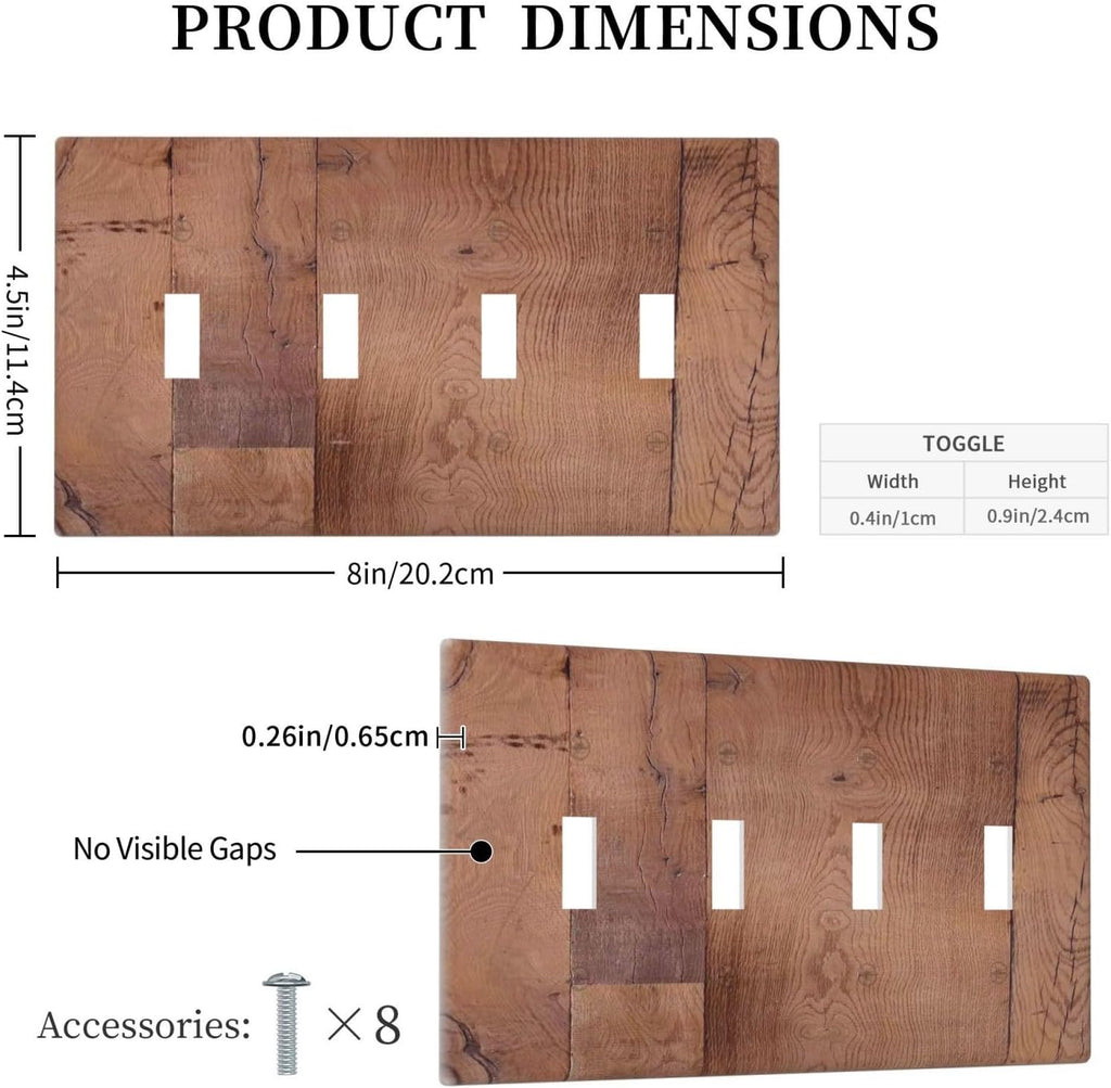 Rustic Brown Dark Wood Texture Printing Light Switch Covers Quad Toggle Electrical Faceplate 4 Gang Wall Plate Decorative Switch Plates For Farmhouse Cabin Decor