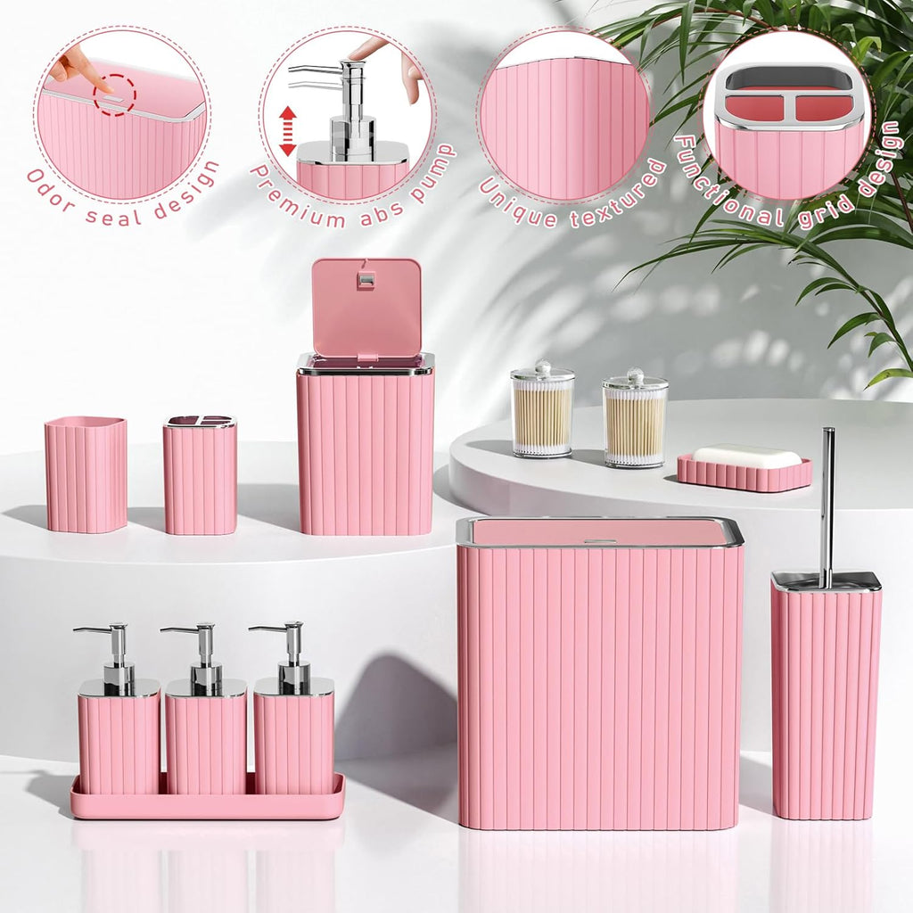 Bathroom Accessory Set - Bathroom Set, 12PC Bathroom Accessories Set, Pink Bathroom Accessories Set, Mini Trash Can, Toilet Brush, Trash Can & Soap Dispenser