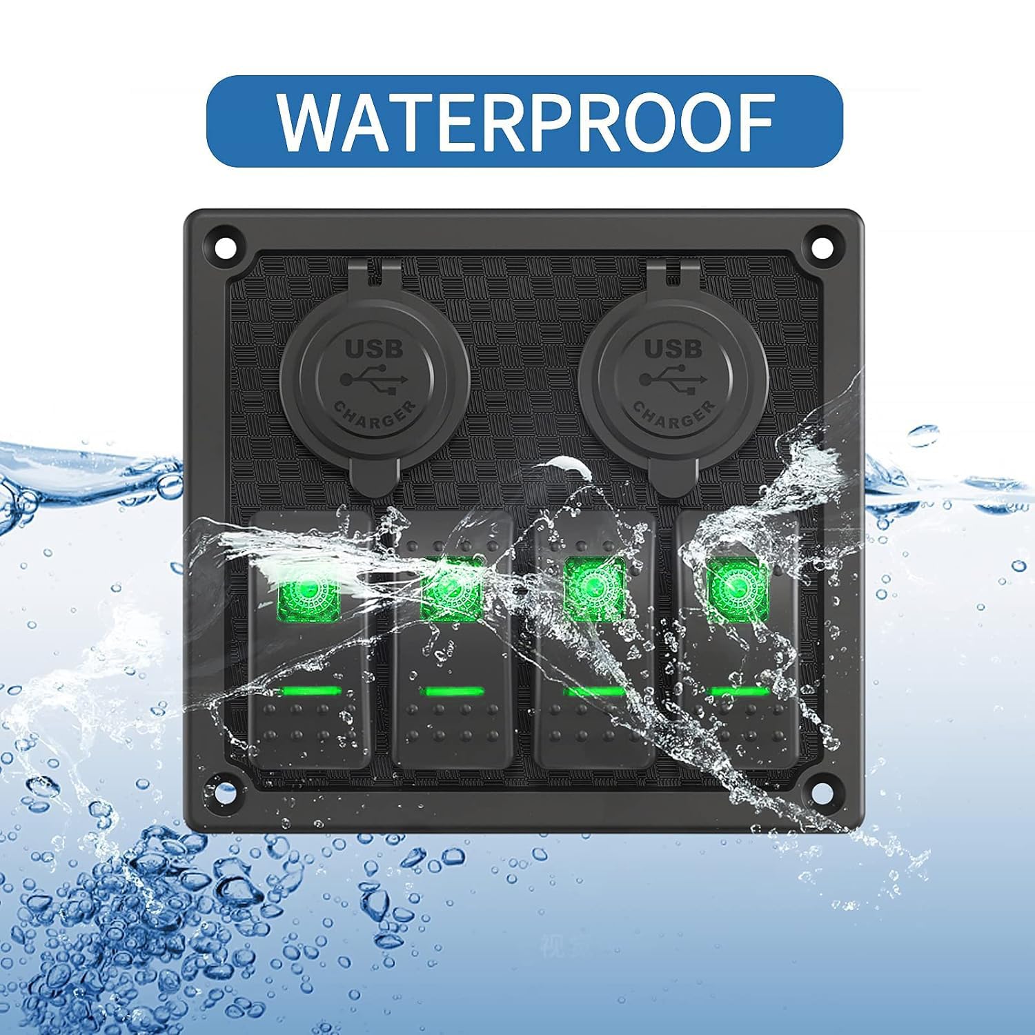 4 Gang Rocker Switch Panel, Multi-Function LED On-Off Switch with 3.1A Dual USB Charger, 12/24V Waterproof Marine Wired Toggle Switch Panel for Automotive Cars Marine Boats RVs (Green)