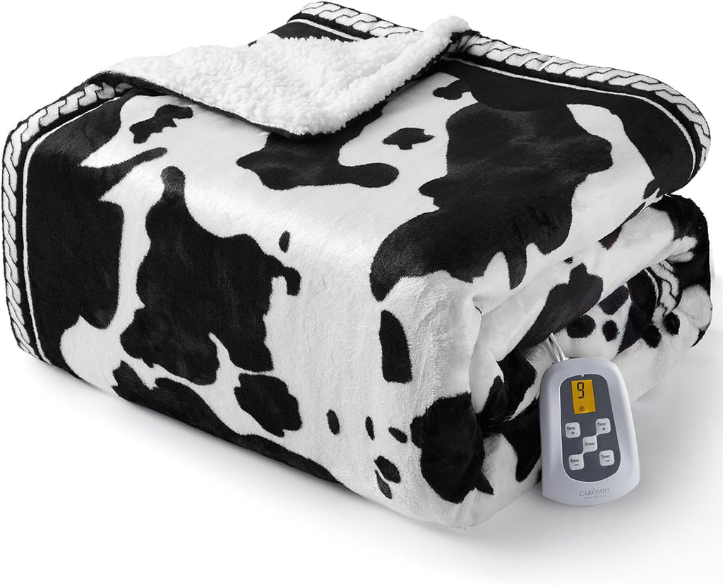 CAROMIO Heated Electric Blanket Full Size, Cow Print Fast Heating Blankets with LCD Controller, 10 Heat Levels & 1-12H Time Settings, ETL Certified, Machine Washable, Black White, 72" x 84"