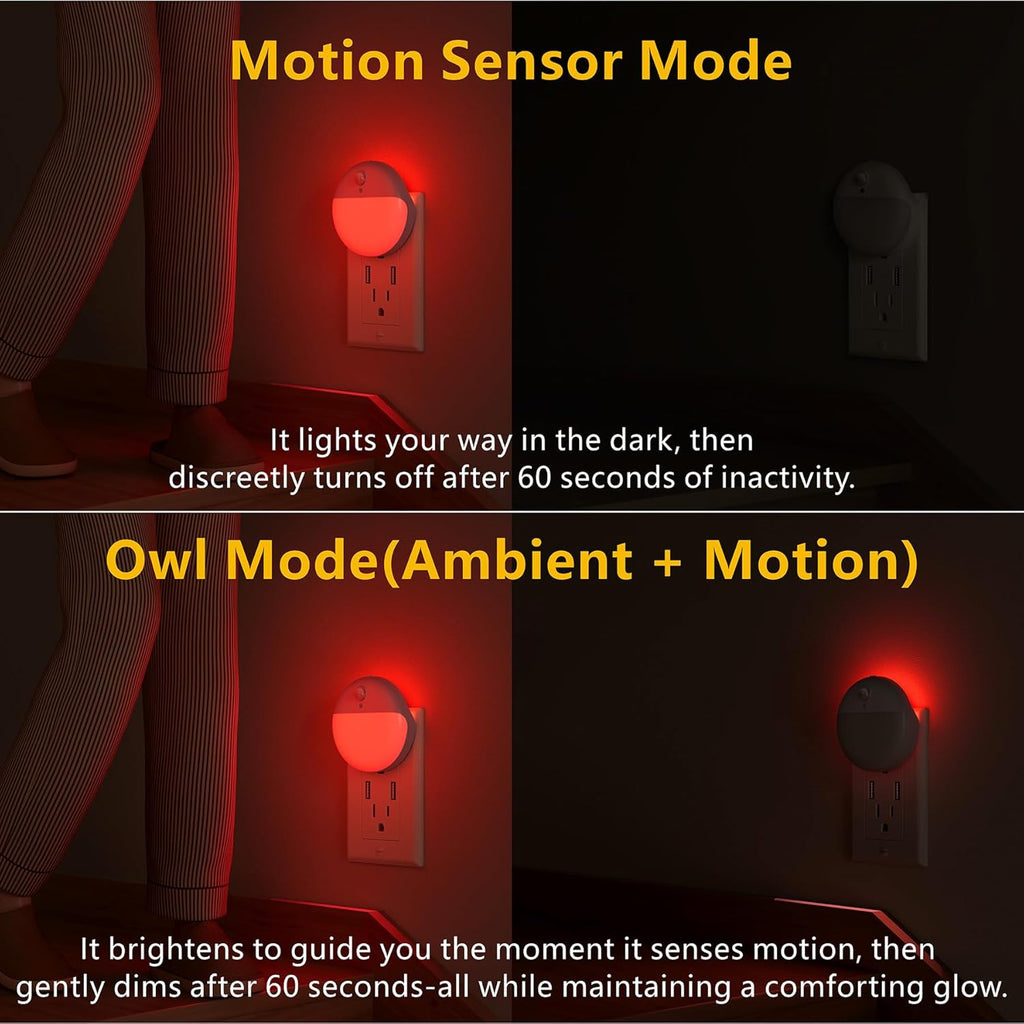 2 Pack Plug in Red Sleep Night Light with Motion Sensor and Dusk to Dawn Sensor, 3 Modes, Soft Glow, Stepless Dimming, LED Lights for Bedroom, Sleep, Baby Nursery, Kids, Toddler, Home Decor