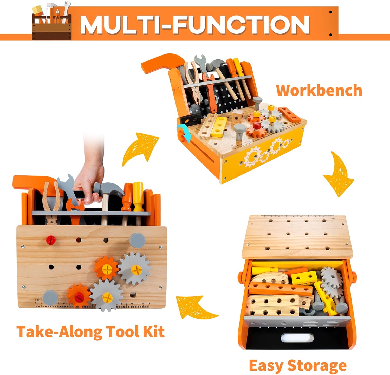 KIDWILL Wooden Tool Bench for Kids, 54-Piece Kids Tool Set with 2-in-1 Workbench & Take-Along Tool Kit, STEM Educational Toy Tools for Kids Ages 3 4 5 6 7 8 Years Old, Boy Toys