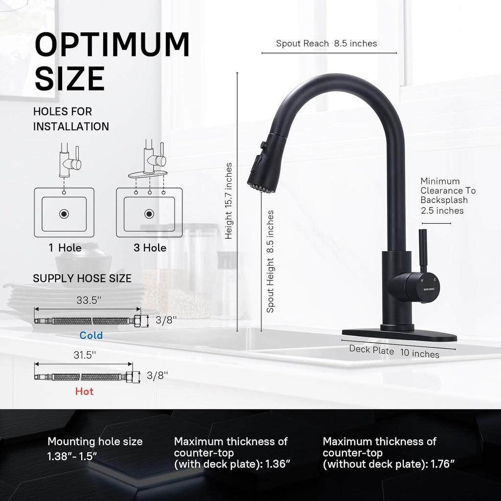WEWE Kitchen Faucets with Pull Down Sprayer, Black Kitchen Faucet, Commercial Single Handle Design with Perfect Arc with Hoses for Rv Kitchen Bar (2 Pack)