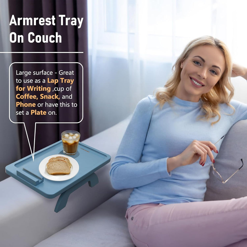 SINWANT Couch Arm Table, Bamboo Sofa Clip on Tray Tables,Sofa Armrest Tray with 360° Phone Holder,Couch Armrest Table for Eating and Drinking