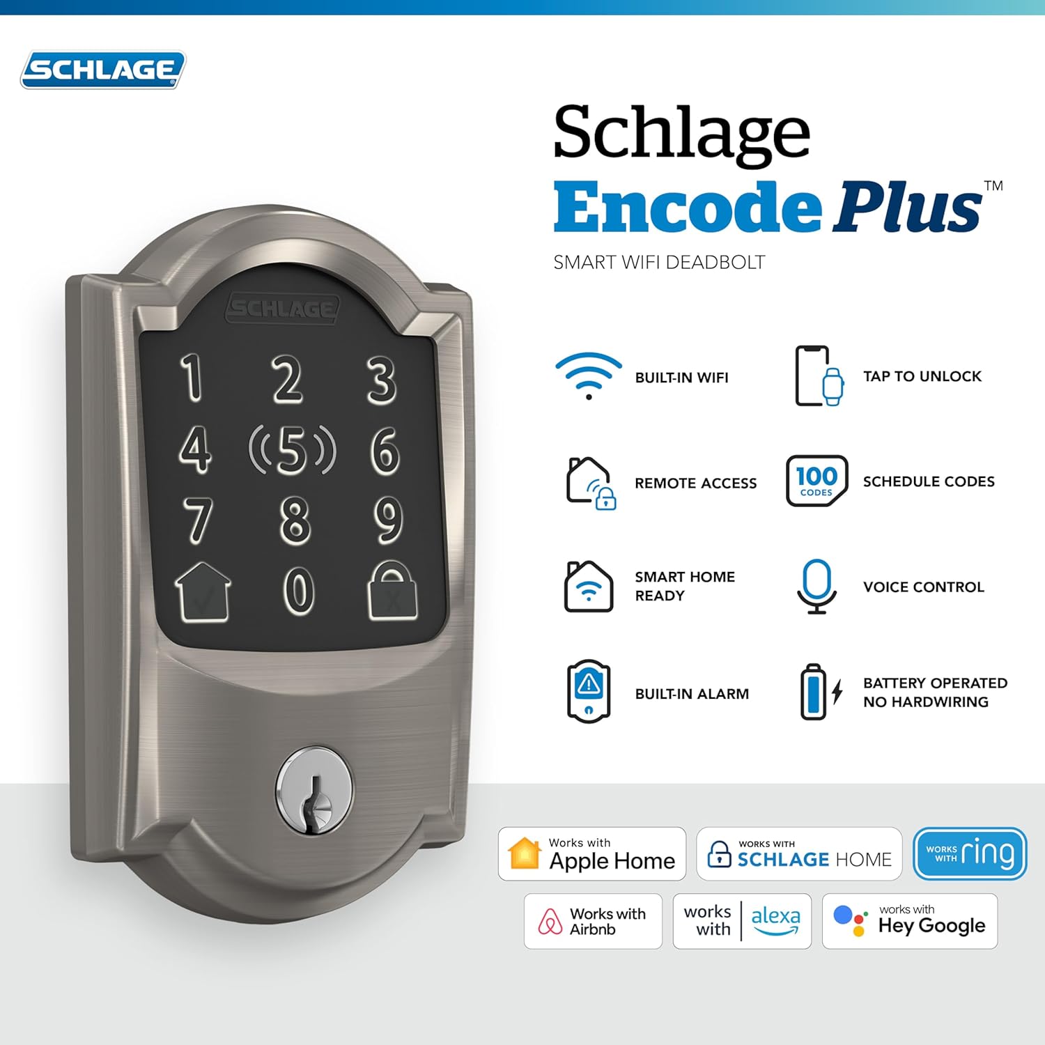 Schlage BE499WB CAM 619 Encode Plus WiFi Deadbolt Smart Lock, Keyless Entry Touchscreen Door Lock with Camelot Trim, Satin Nickel