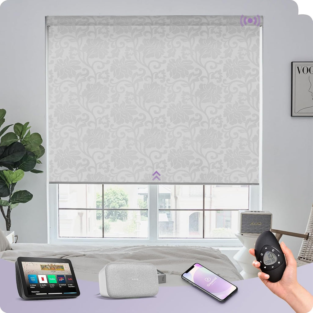 Graywind Smart Blackout Roller Shades Work with Alexa Google Patterned Textured Fabric Rechargeable Motorized Blinds Cordless Remote Control Window Shades, Custom Size (Floral Jacquard White)