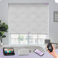 Graywind Smart Blackout Roller Shades Work with Alexa Google Patterned Textured Fabric Rechargeable Motorized Blinds Cordless Remote Control Window Shades, Custom Size (Floral Jacquard White)
