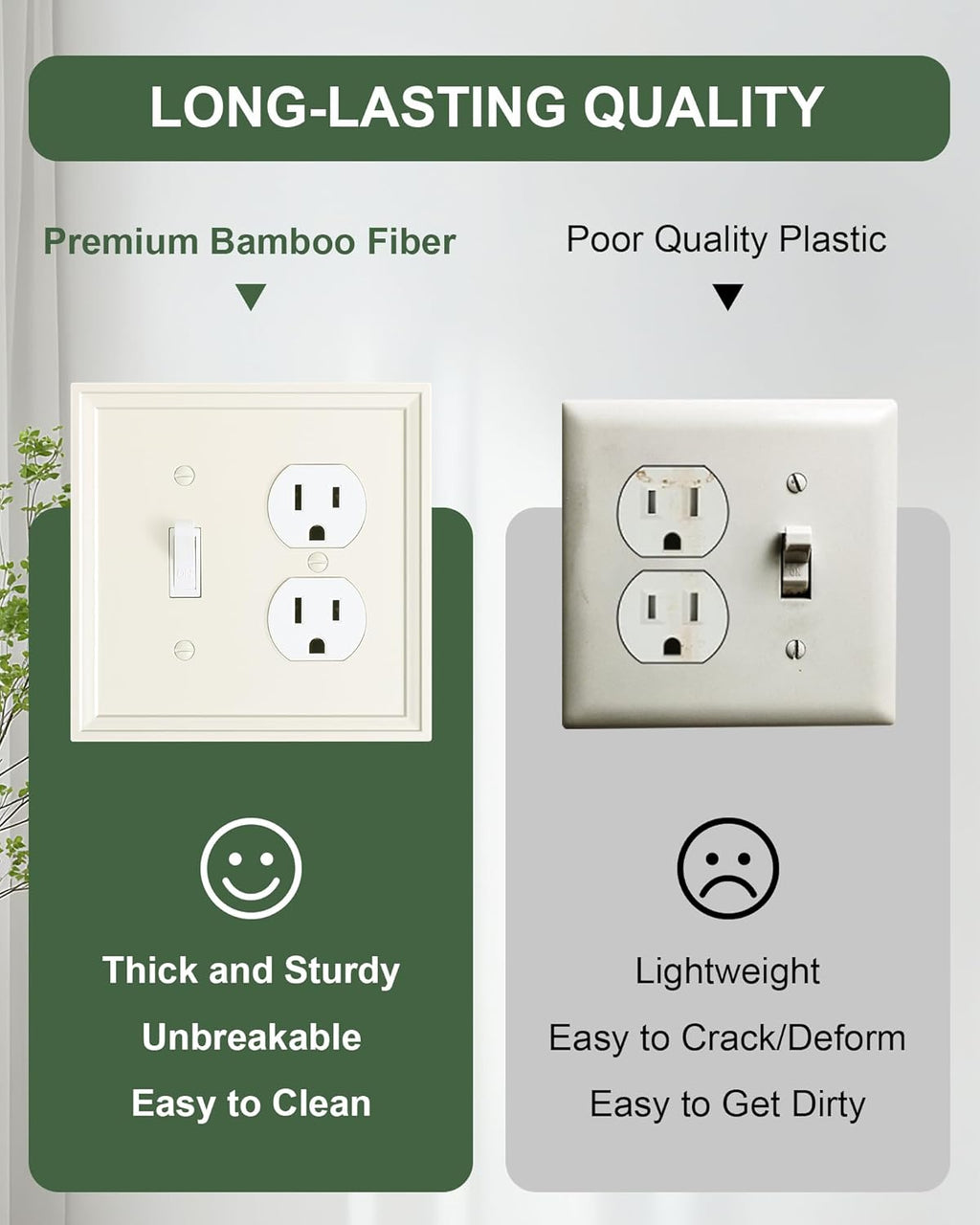 2-Pack Combo Toggle/Duplex Light Switch Cover Plate, Light Almond Wall Outlet Cover Plate, Natural Bamboo Fiber Decorative Wall Receptacle Cover for Electrical Outlets, Light Switch