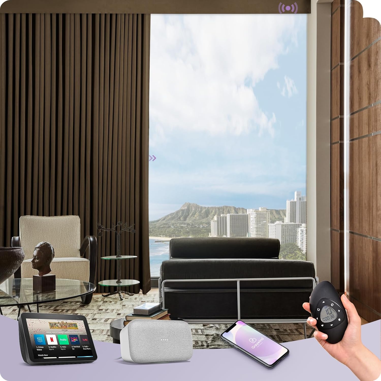 Graywind Hardwired Smart Curtains Motorized Curtains with Remote Alexa Google Control for Sliding Door Room Darkening Drapes One-Way or Split Draw Joinable Curtain Custom Width to 220" (Carob Brown)