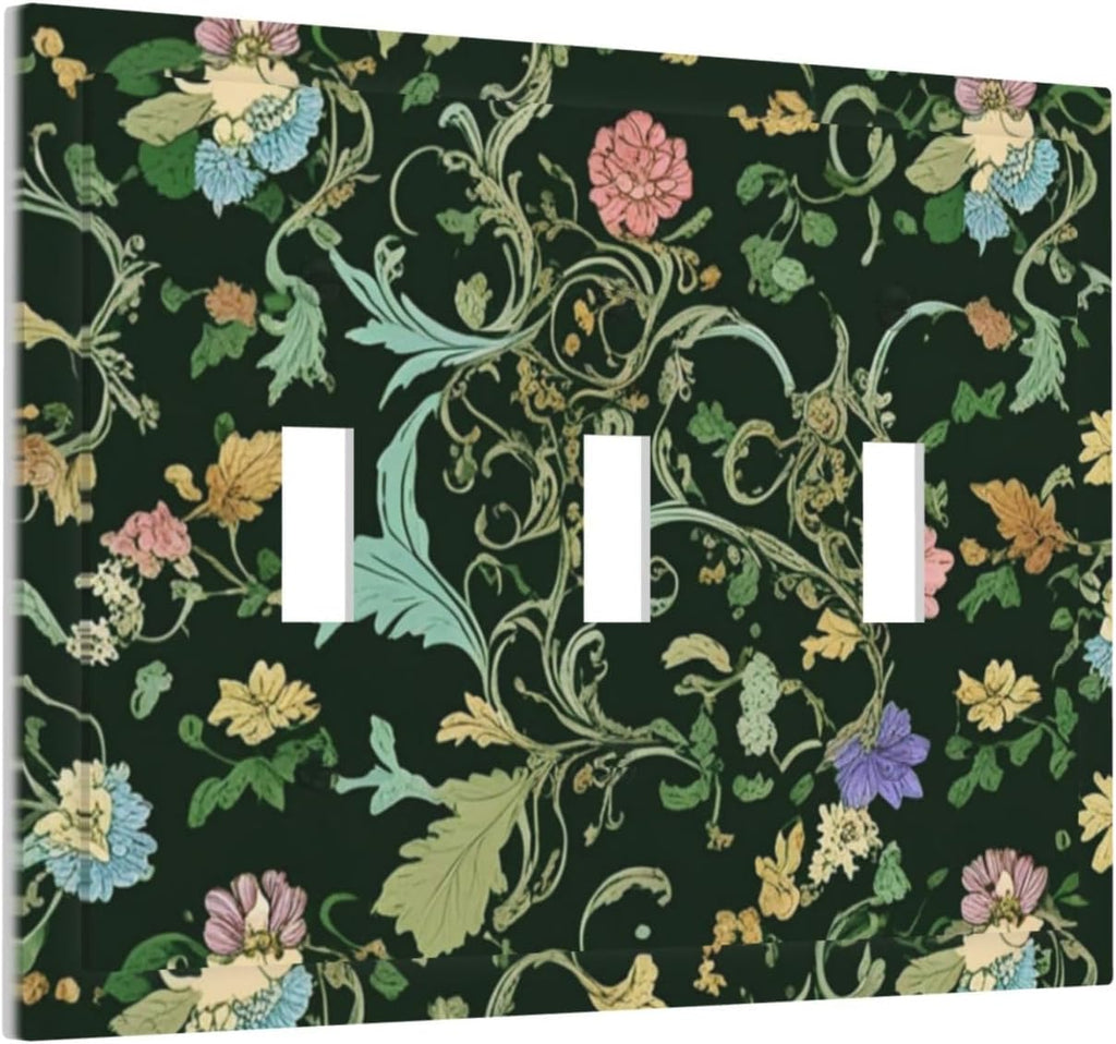 Decorative Light Switch Cover Plate Vintage Green Leaf Plant Rustic Pink Flower 3 Gang Wall Plate Oversized Triple Toggle Switch Cover Plate Jumbo Faceplate for Home Decor