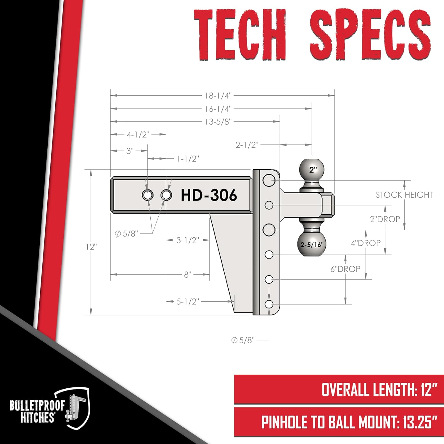 BulletProof Hitches - 3.0" Adjustable Heavy Duty Trailer Hitch (22,000 lb. Rating) - 6" Drop/Rise Trailer Hitch with 2" & 2-5/16" Dual Ball - Powder Coat, Solid Steel, Corrosion-Resistant