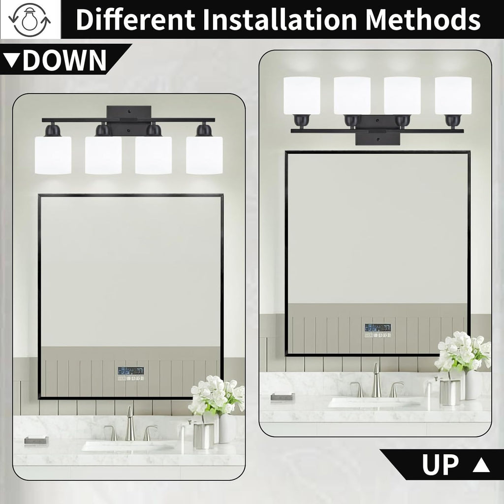 4-Light Black Bathroom Vanity Light, Light Fixtures with Milky White Frosted Glass Shades, Black Vanity Light for Bathroom Mirror, Bedroom, Living Room, Vanity Table, E26 Base