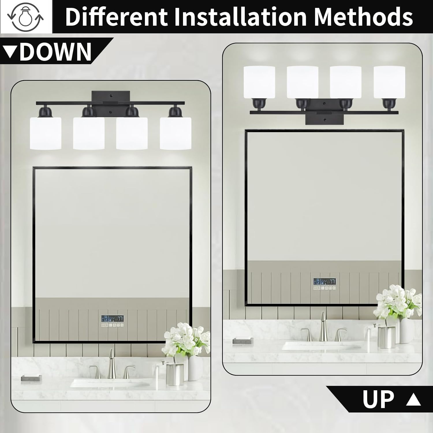 4-Light Black Bathroom Vanity Light, Light Fixtures with Milky White Frosted Glass Shades, Black Vanity Light for Bathroom Mirror, Bedroom, Living Room, Vanity Table, E26 Base