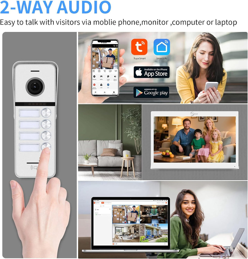 ANJIELO SMART Wired Video Doorbell Apartment Intercom System,4 Family Units 10 Inch Touch Monitor,3 in 1 Unlocking,Dual Way Intercom Motion Detection Tuya for Villa Home (1 Doorbell(w)+ 4 Monitor(w))