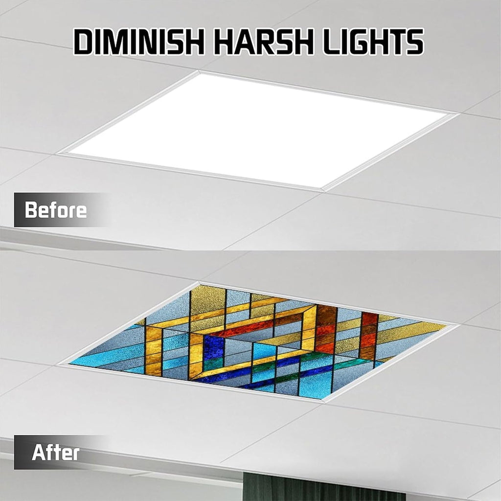 2PCS Fluorescent Light Cover for Ceiling Light Classroom-Stained Glass Patten Magnetic Light Cover Shade Panel,Decorative Film Filter for Reducing Harsh Glare Flicker Home School Office Decorations