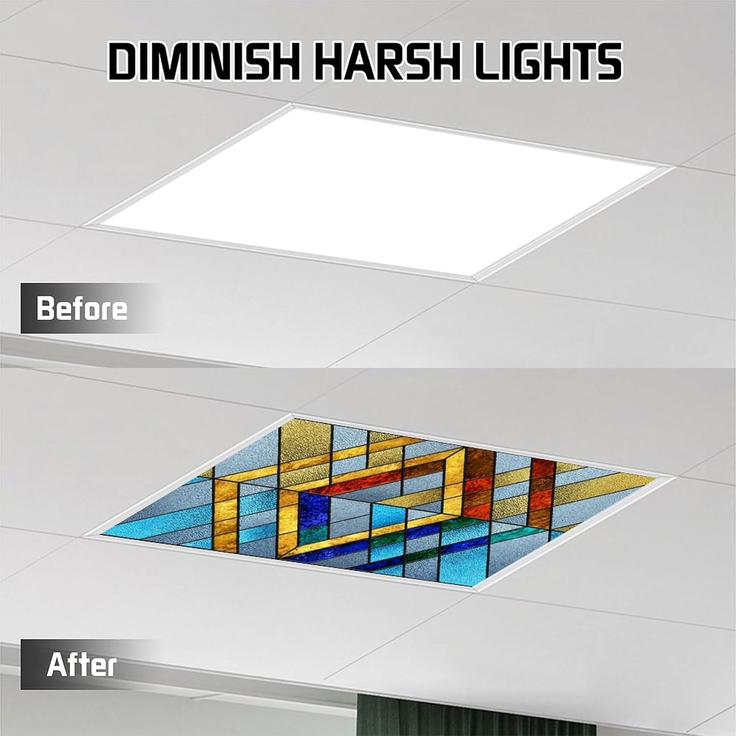 2PCS Fluorescent Light Cover for Ceiling Light Classroom-Stained Glass Patten Magnetic Light Cover Shade Panel,Decorative Film Filter for Reducing Harsh Glare Flicker Home School Office Decorations