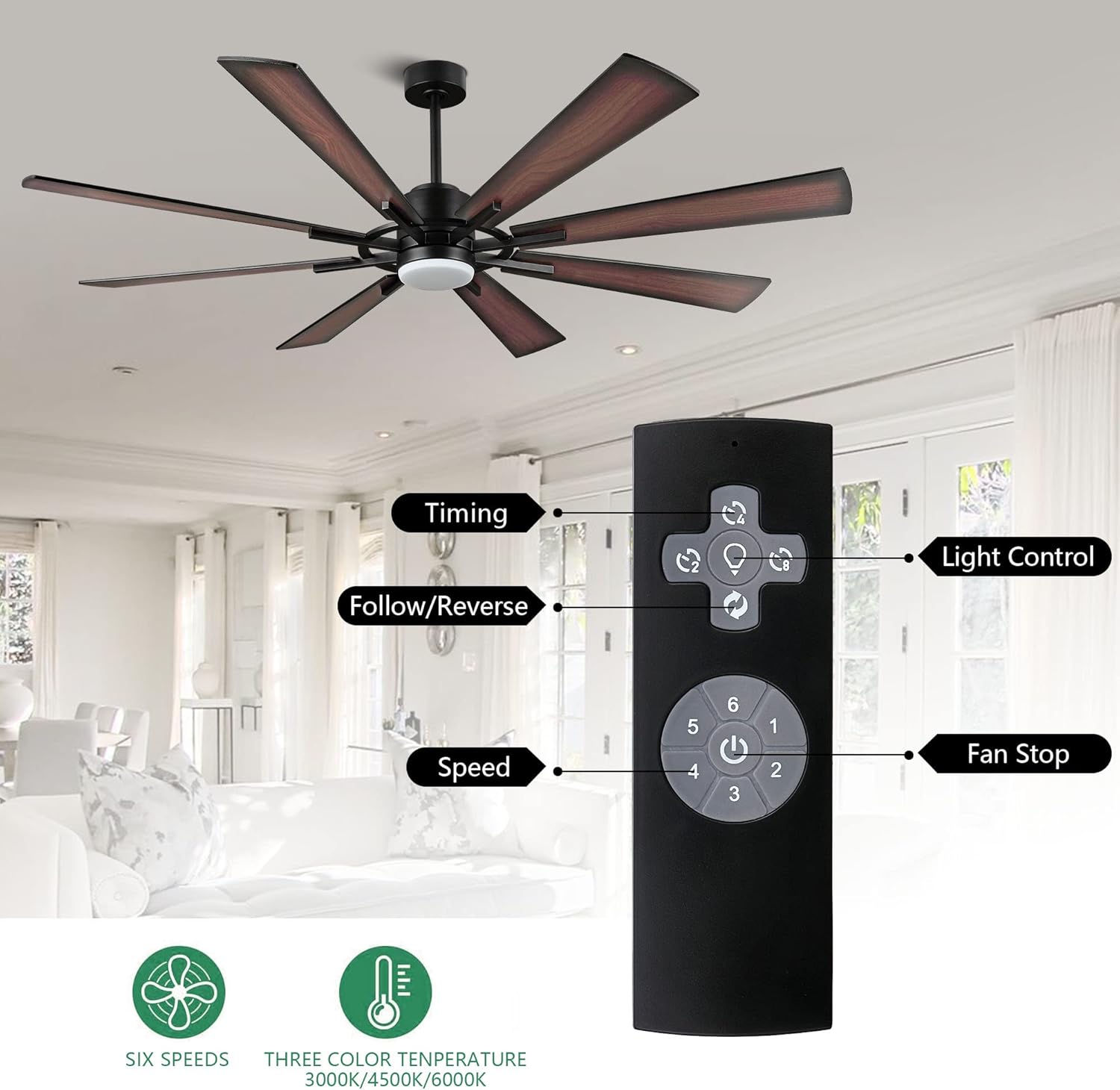 WINGBO 60" DC Ceiling Fan with Lights and Control, Matte Black Ceiling Fan with Walnut/Walnut Shadowed Reversible Blades, 6-Speed DC Motor, 8 Blade Wood Ceiling Fans for Kitchen Bedroom Living Room