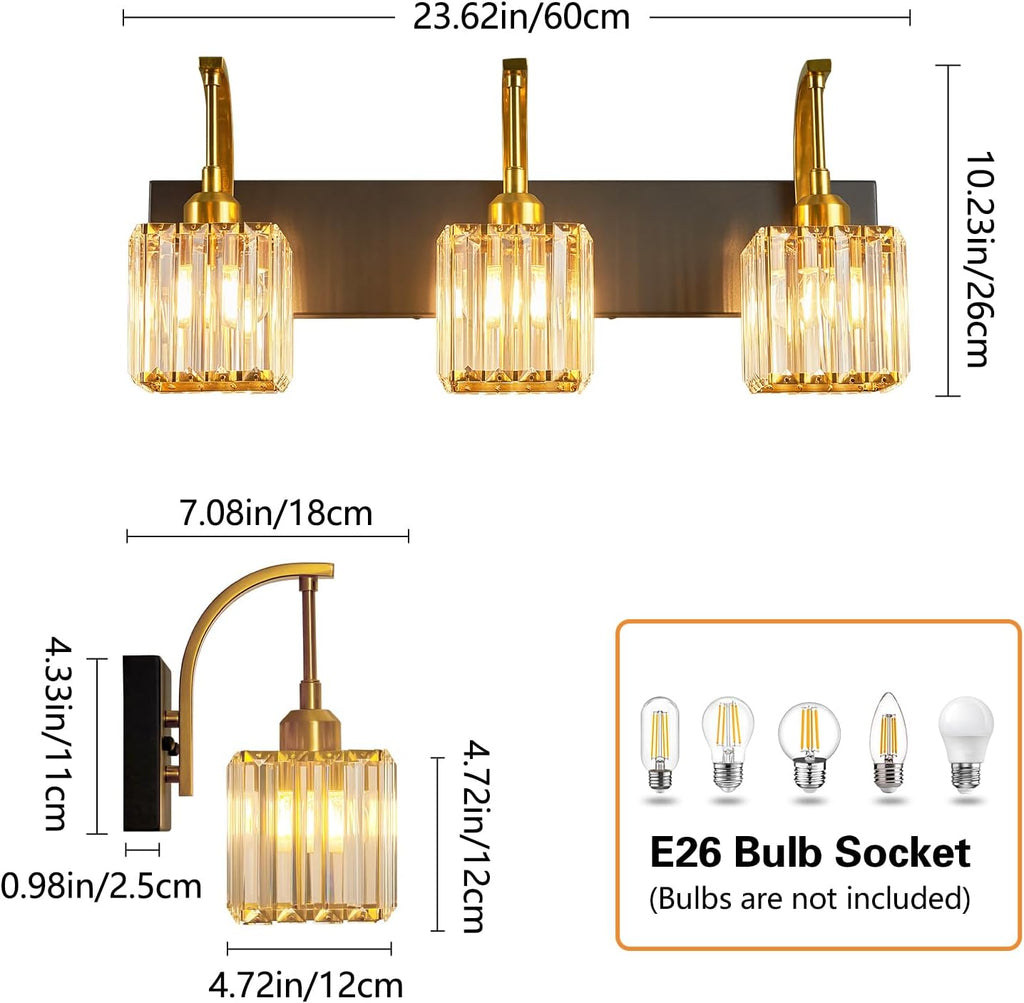 Crystal Vanity Lights 3-Light Black Gold Bathroom Vanity Lights Modern Crystal Bathroom Light Fixtures Over Mirror 23.62" Long Vanity Light for Bathroom