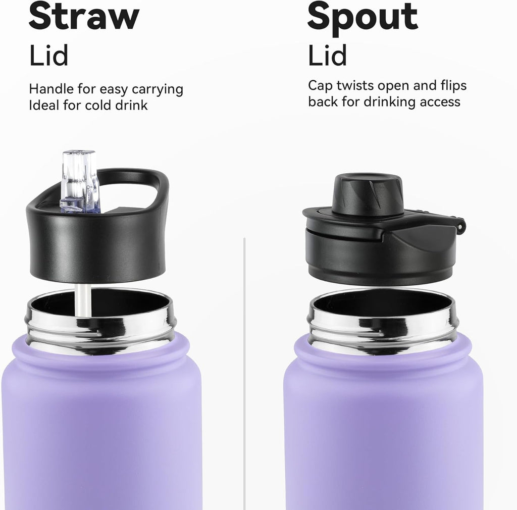 24oz Insulated Water Bottle with Straw Lid, Stainless Steel Metal Water Bottle with Straw & Wide Mouth Lid, Double Wall Vacuum Water Bottle for Hiking Camping, Lavender 1 Pack