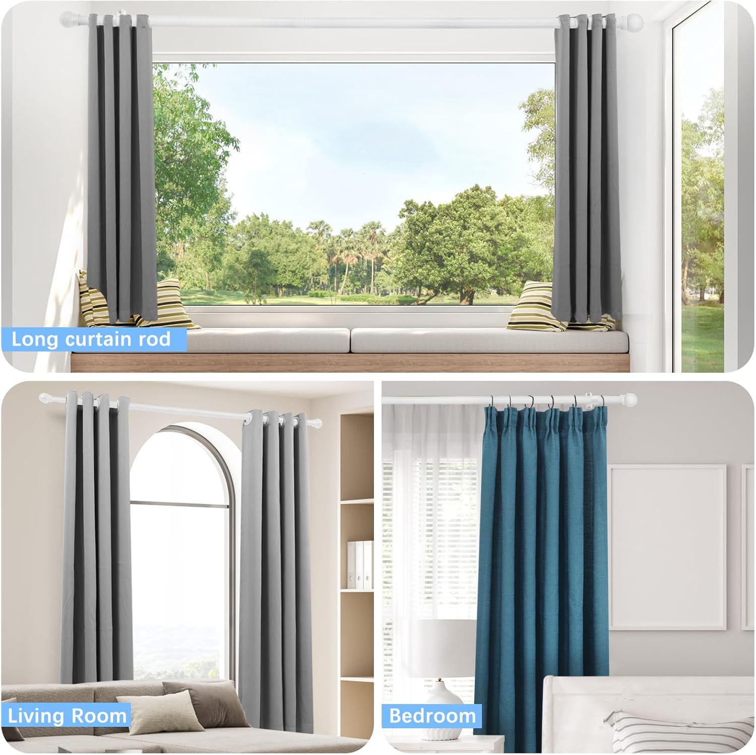 Curtain Rods for Windows 16 to 76 Inches, Curtain Rod Max Adjustable Length of 88 IN, 1" Diameter Drapery Rods Round Finials, White, Pack of 1