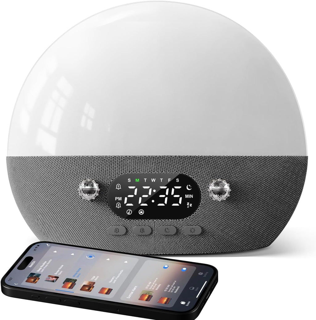 Dekala RestOnn Sunrise Alarm Clock 7-Day Programmable Dual Alarm Clock with Sunset White Noise Sound Machine Natural Sounds Amber Night Light, Bluetooth Speaker, 3000mAh Battery Backup, App Control