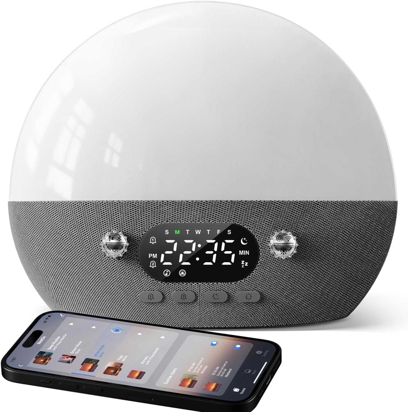 Dekala RestOnn Sunrise Alarm Clock 7-Day Programmable Dual Alarm Clock with Sunset White Noise Sound Machine Natural Sounds Amber Night Light, Bluetooth Speaker, 3000mAh Battery Backup, App Control