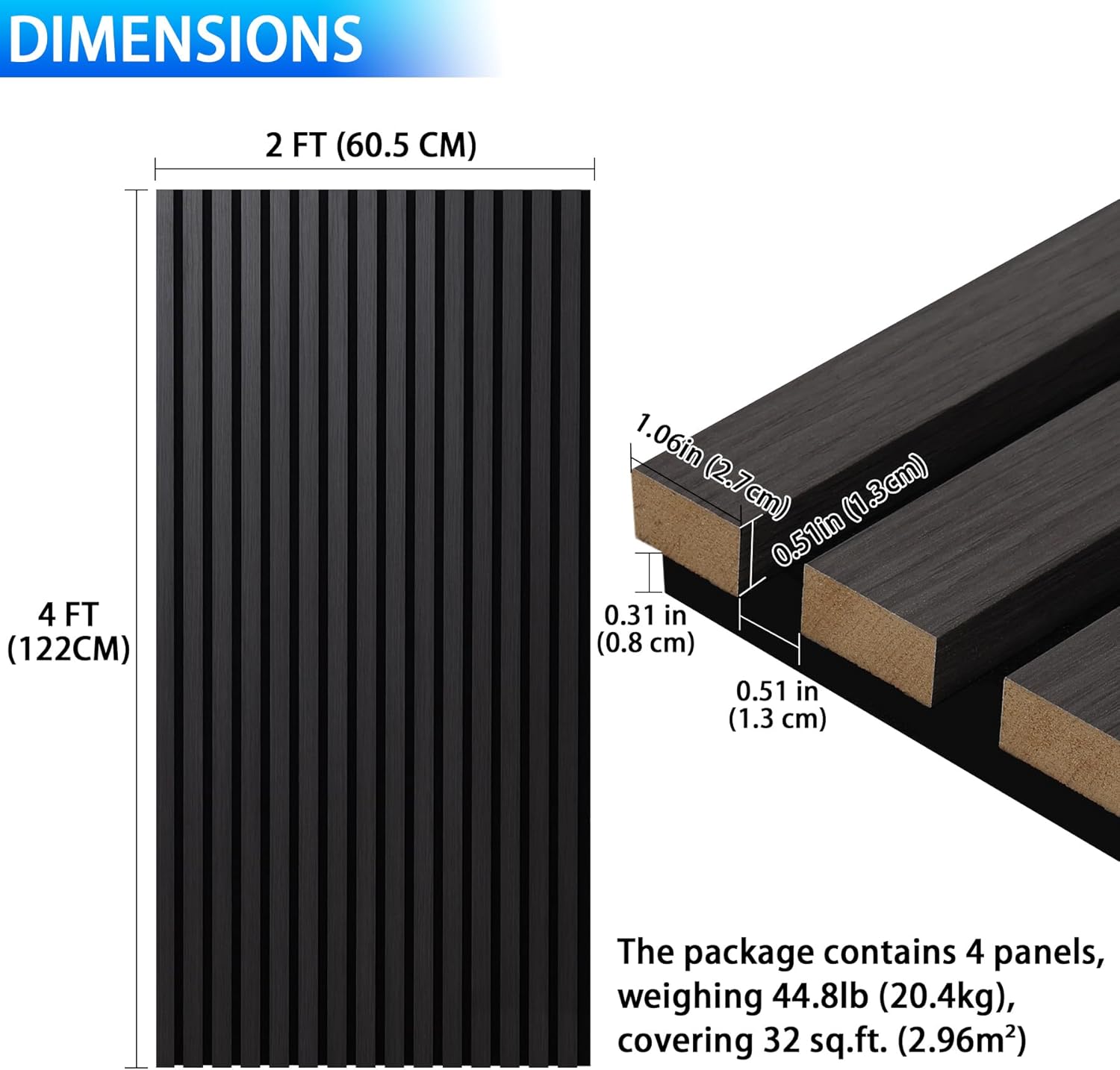 3D Slat Acoustic Wall Panels with Wood Finish Accent, 4 Pack Sound Absorbing Paneling for Studio, Office, Living Room, Bedroom Interior Decor (Matte Black, 48''L x 24''W)