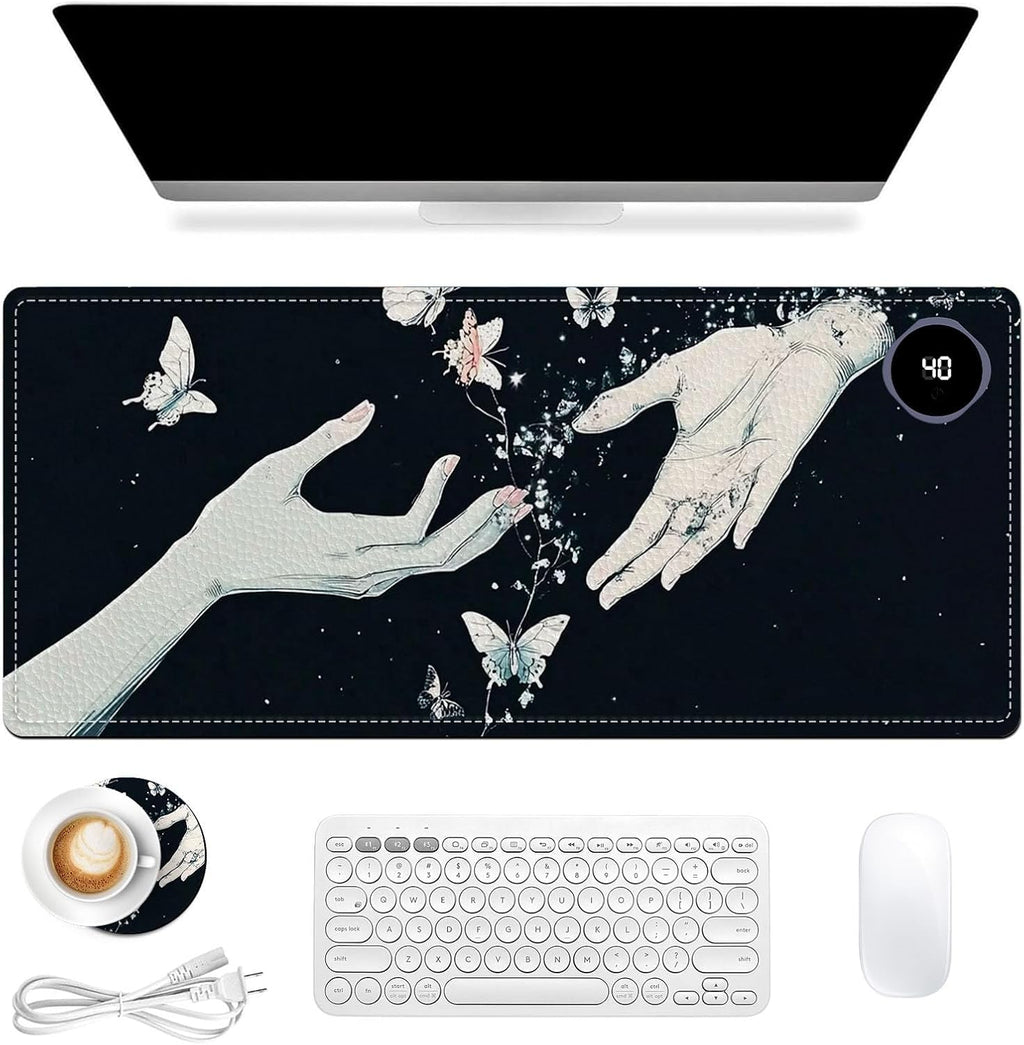 Heated Mouse Pad 31.5x13 in 3-Temp Fast Heating Desk Mat with Auto Timer Warmer for Hands Wrist Pain Relief Waterproof Keyboard Mat for Office, Gaming, Home, Butterfly Hands Art