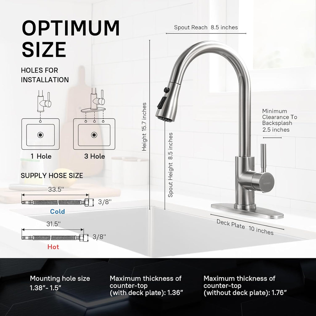 WEWE Kitchen Faucet with Pull Down Sprayer, Brushed Nickel Kitchen Sink Faucet Fits 1 or 3-Hole Kitchen Sinks, Single Handle Premium Stainless Steel, Suitable for RV, Farmhouse, Bar (Set of 2)