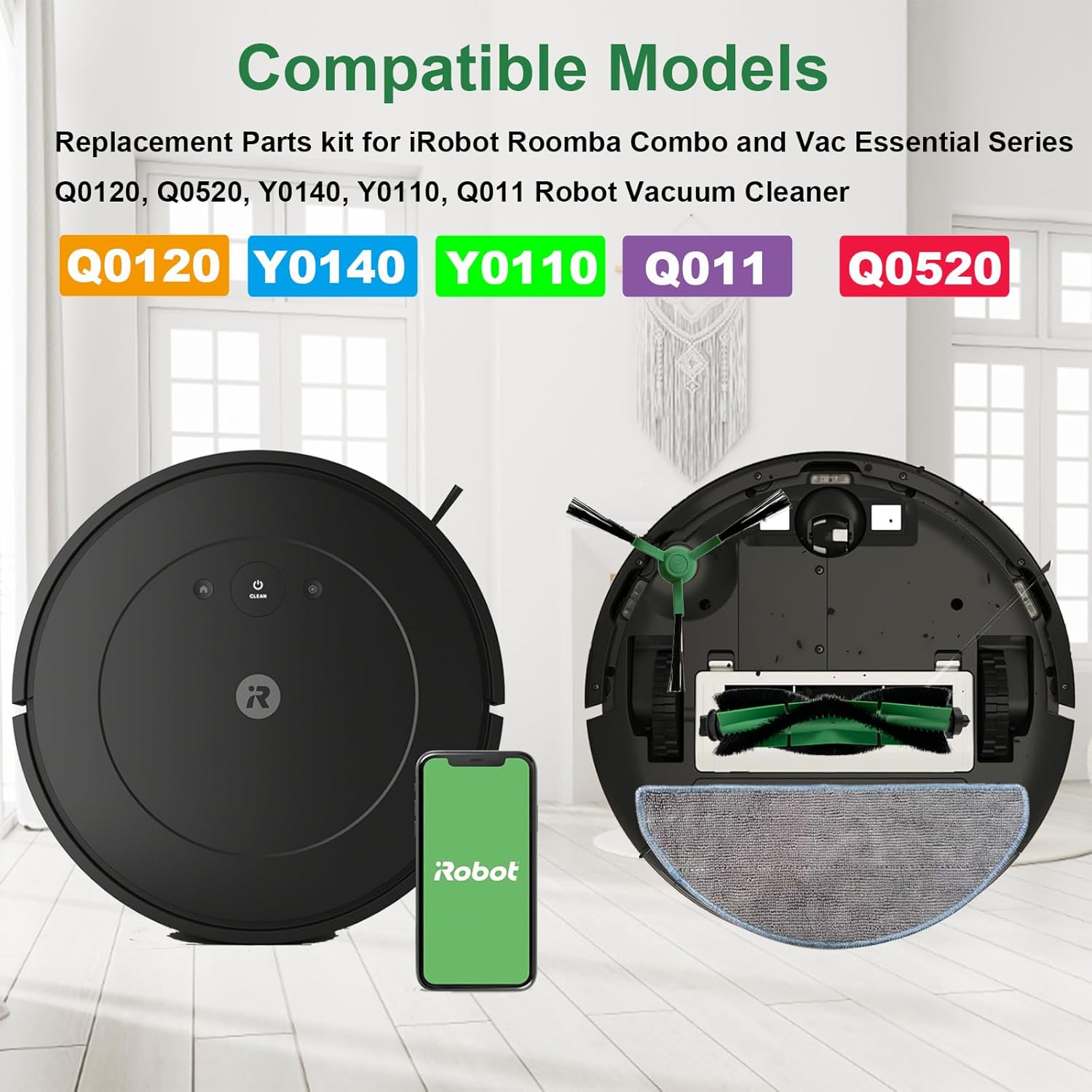 Replacement Parts for iRobot Roomba Combo VAC/Essential Series Q011, Q0520, Q0120, Y0140, Y0110, Robot Vacuum Cleaner, 2 Roller Brush, 8 Side Brushes, 8 Hepa Filters, 1 Cleaning Brush(19 Pack)