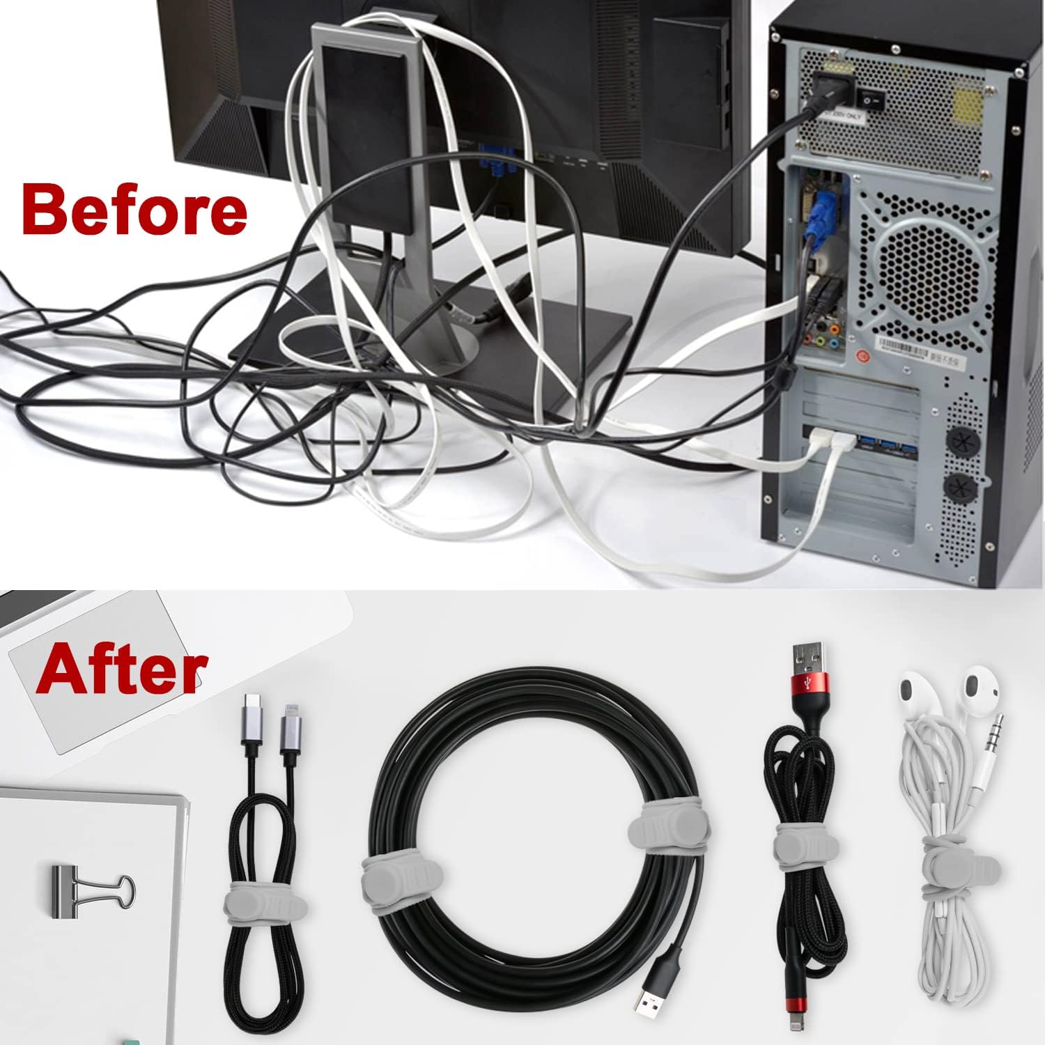 Nearockle 16Pcs Silicone Cable Straps Wire Organizer for Bundling Earphone, Phone Charger, Computer Cords, Reusable Cable Ties Cord Organizer in Home,Office,Kitchen,School(Grey)