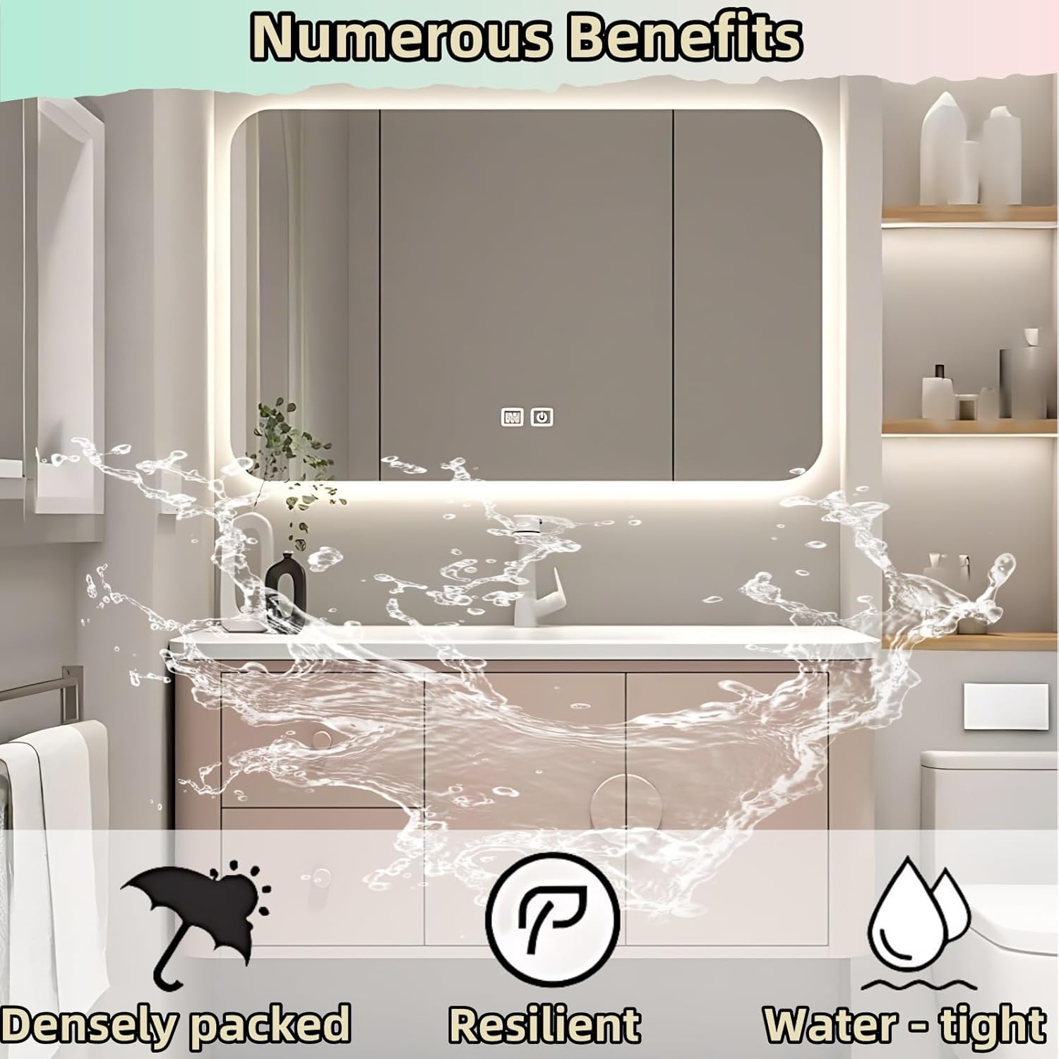 48IN Pink Modern Bathroom Vanity - Bathroom Vanities Set with 2 Drawers Wall Mounted | Rounded Corner Smart Defogging Mirror Cabinet with Lighting & Time Display, Side Opening Storage Shelf (Style B)