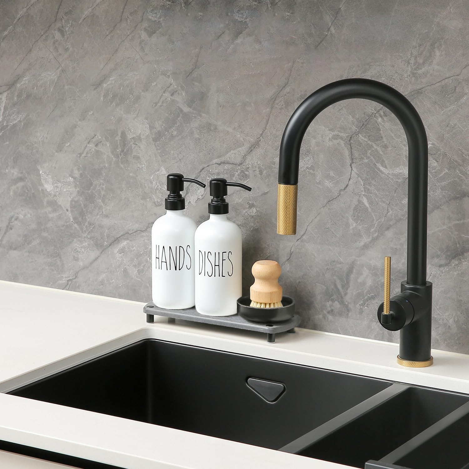 MOMEEMO White Soap Dispenser Set Comes with Stainless Pumps, Black Instant Dry Tray, and Dish Scrub Brush, Suitable for Kitchen Decor and Accessories. (White & Black)