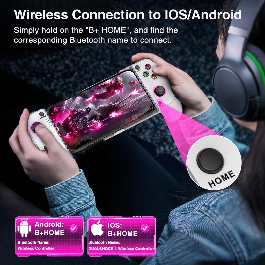 NealGamefy Phone Controller for iPhone/Android - Mobile Gaming Controller with Hall Effect Joystick, Phone Case Support, Turbo Function, Dual Vibration- Phone Controller Compatible with More Games